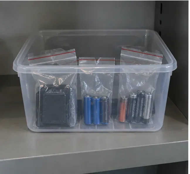 Baterias e pequenos dispositivos acondicionados separadamente em sacos plásticos transparentes dentro de uma caixa organizadora