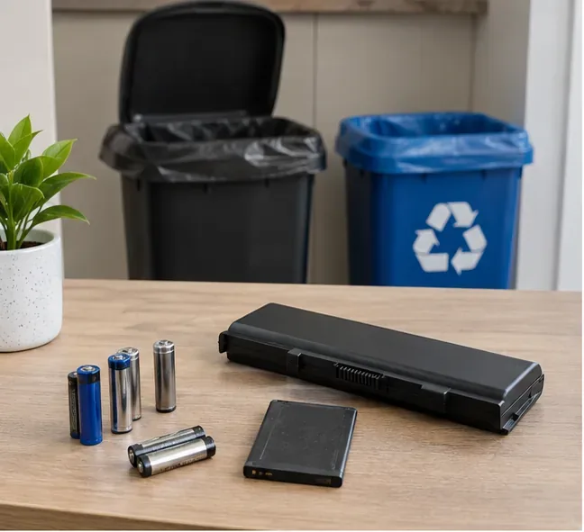 Baterias cilíndricas, bateria de celular e bateria de notebook separadas sobre uma mesa, diante de lixeiras comum e reciclável