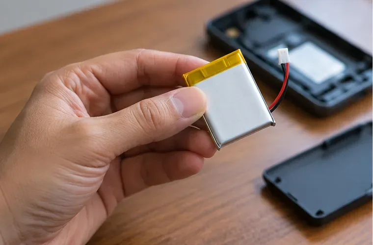 Mão segurando uma pequena bateria de lítio removível ao lado de um aparelho eletrônico aberto, antes da preparação para descarte