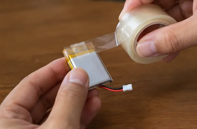 Mãos aplicando fita transparente não metálica sobre os contatos de uma pequena bateria de lítio