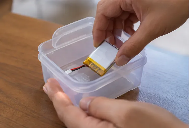 Pequena bateria de lítio sendo colocada sozinha em recipiente plástico para transporte até um ponto de recebimento