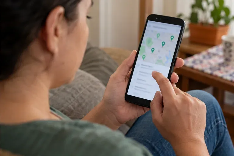 Pessoa segura um telefone celular com um mapa de pontos marcado na tela e toca em uma opção; nenhum endereço está legível.