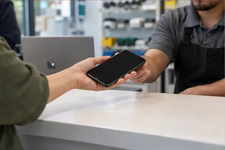 Cliente entrega um celular inteiro a um atendente em um balcão de assistência eletrônica.