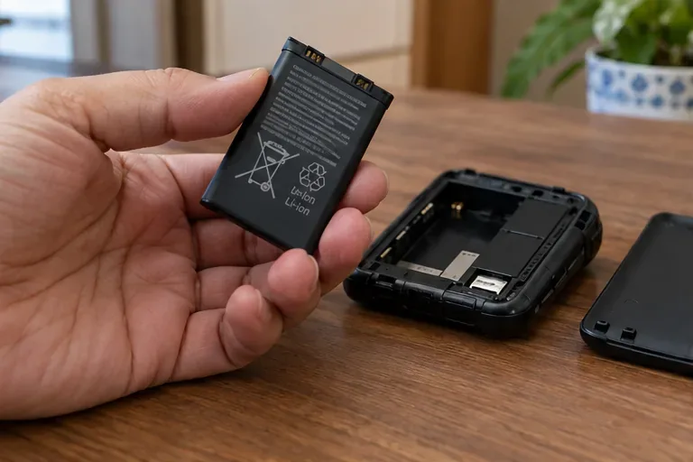Mão segurando uma bateria removível preta com marcações impressas, ao lado de um telefone aberto sobre uma mesa.