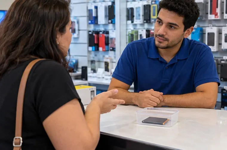 Uma consumidora conversa com um atendente de assistência técnica e mostra uma bateria removível mantida separada.