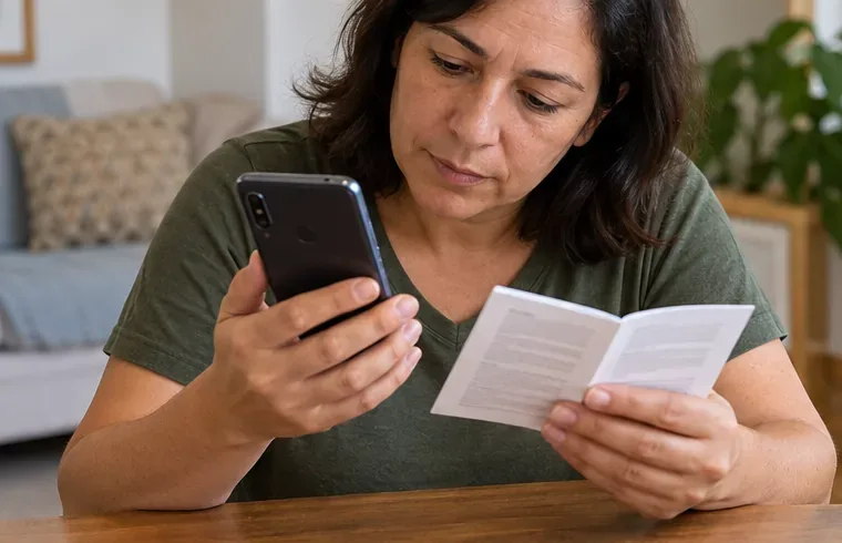 Uma moradora consulta o manual enquanto observa um celular ainda montado para verificar se a bateria é interna.