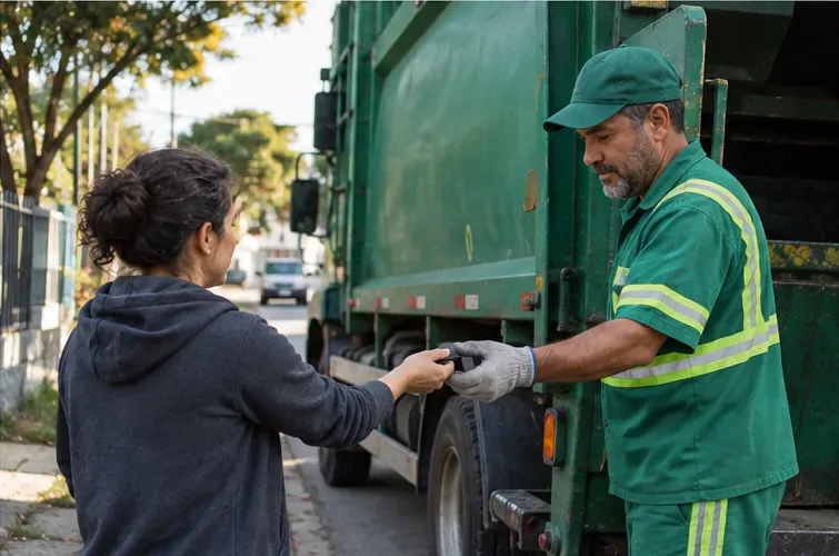 Uma pessoa entrega uma bateria pequena a um funcionário junto a um caminhão fechado de coleta em uma rua.