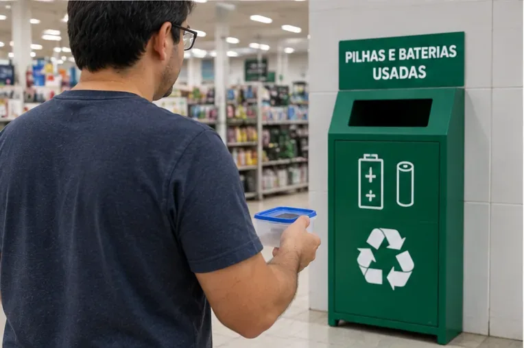 Pessoa aproximando-se de um coletor verde identificado para pilhas e baterias usadas