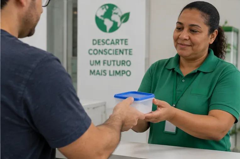 Consumidor entregando um pequeno recipiente a uma atendente em um ponto de recebimento de resíduos