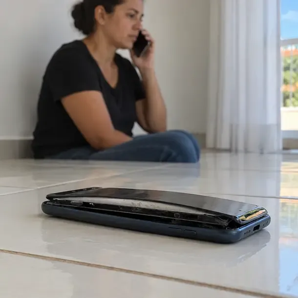 Celular com a carcaça aberta por uma bateria estufada, deixado sem uso no piso frio enquanto uma pessoa telefona