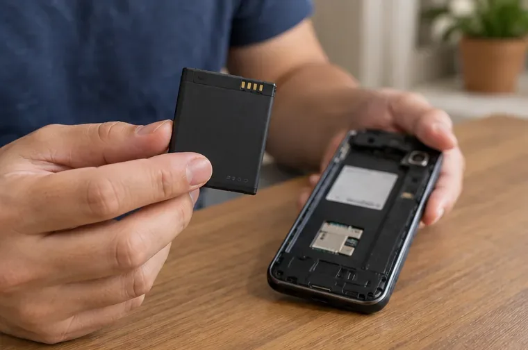 Pessoa segurando uma bateria removível de celular ao lado do aparelho aberto, antes de preparar o descarte