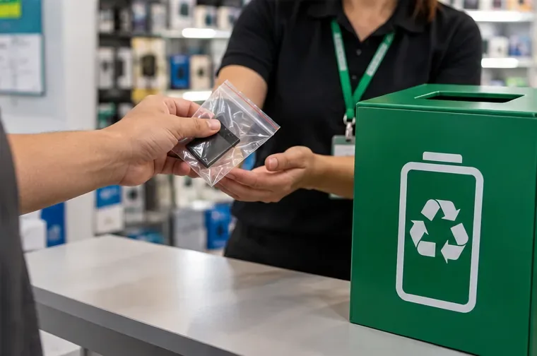 Pessoa entregando uma bateria de lítio embalada a atendente ao lado de coletor identificado para baterias e reciclagem