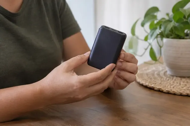 Pessoa verifica uma bateria portátil de lítio sobre uma mesa antes do descarte