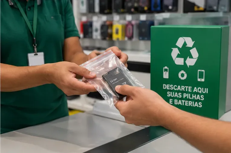 Pessoa entrega uma bateria Li-ion protegida em um saco individual a um atendente ao lado de um coletor verde para pilhas e baterias