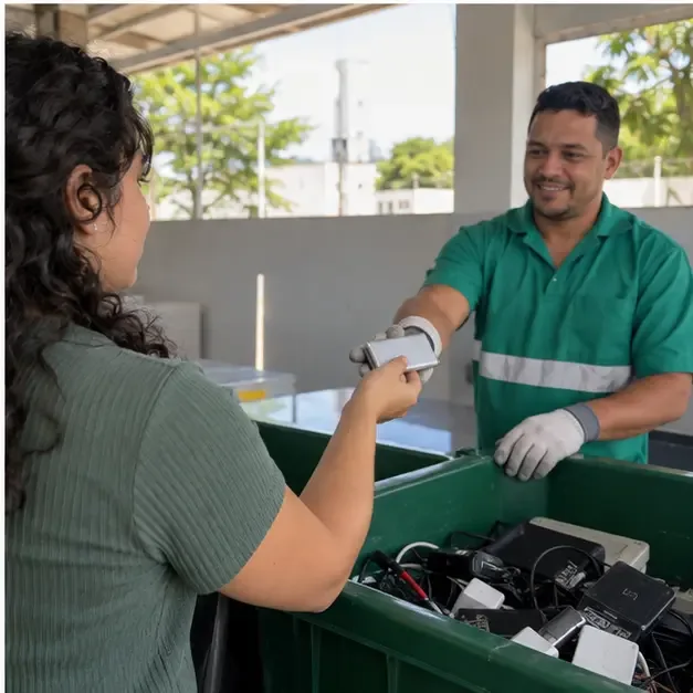 Moradora entrega um pequeno dispositivo com bateria a um atendente usando luvas em um ponto de recebimento