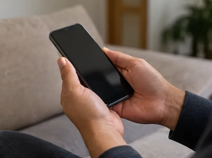 Pessoa segura um smartphone intacto com a bateria interna ainda instalada.