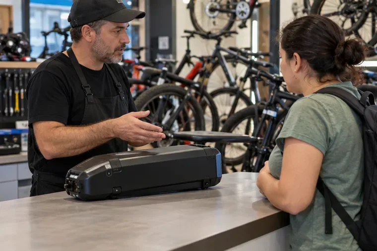 Técnico e cliente conversam diante de uma bateria removível grande de bicicleta elétrica apoiada sobre um balcão de assistência.