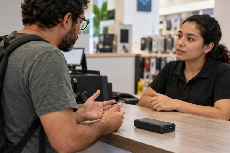 Uma pessoa conversa com atendente diante de uma bateria portátil solta apoiada sobre o balcão, sem colocá-la em um recipiente.