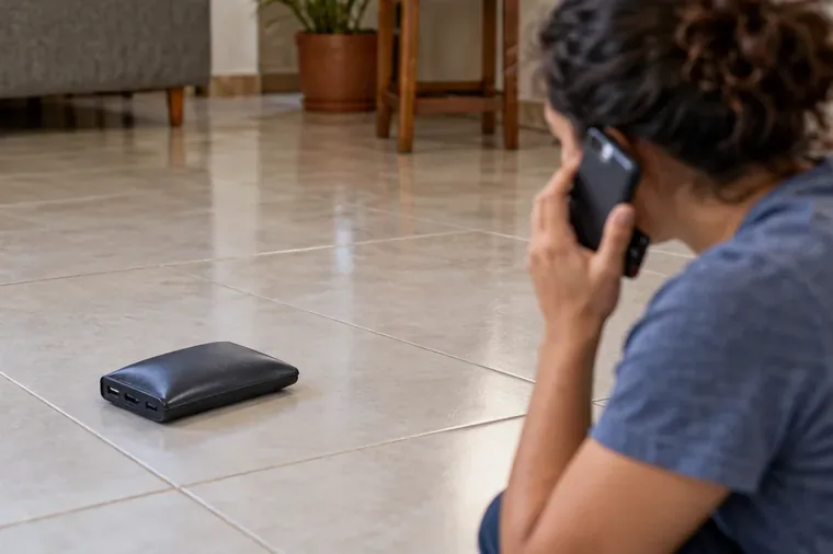 Uma bateria portátil repousa no piso de cerâmica enquanto uma pessoa, a certa distância, consulta o serviço municipal pelo celular.