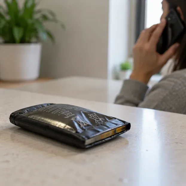 Bateria de lítio visivelmente estufada sobre uma superfície enquanto uma pessoa procura orientação por telefone à distância