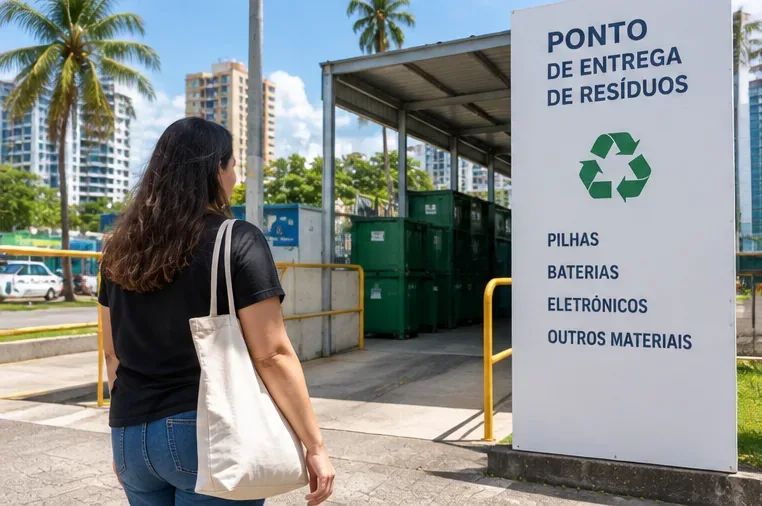 Pessoa chega a um ponto de entrega de resíduos com indicação para pilhas, baterias e eletrônicos