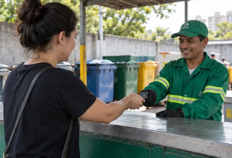 Uma moradora entrega uma pequena bateria a um funcionário em um ponto municipal de recebimento