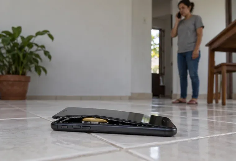 Um celular com a tela levantada por uma bateria inchada permanece isolado no piso, enquanto uma pessoa pede orientação por telefone