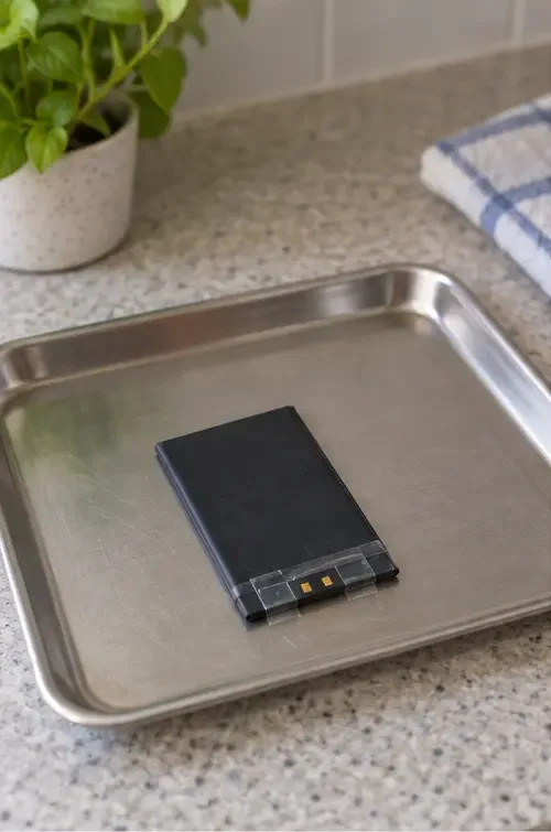 Bateria removível de celular com os contatos cobertos por fita, colocada sobre uma bandeja metálica não inflamável