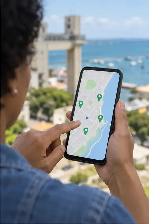 Pessoa consultando no celular um mapa com vários pontos de coleta na região urbana de Salvador