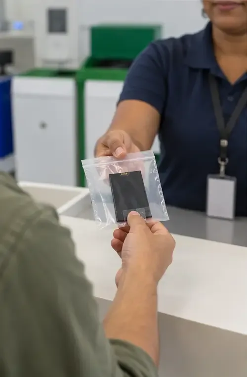 Funcionária de um ponto de coleta recebendo de um visitante uma bateria de celular dentro de um saco separado