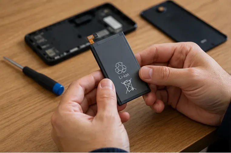 Pessoa segurando uma bateria de íons de lítio removida de um aparelho eletrônico sobre uma mesa