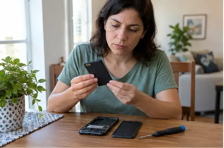 Pessoa examinando uma bateria removível de celular sobre uma mesa, com o aparelho aberto ao lado