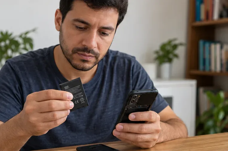 Homem observa uma bateria removível ao lado de um celular aberto sobre uma mesa, antes de decidir a forma adequada de descarte