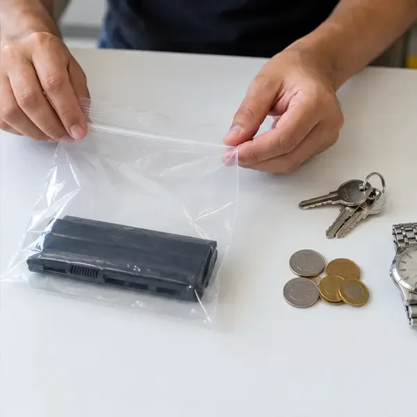 Uma bateria removível intacta está separada dentro de um saco plástico, longe de chaves e moedas sobre a mesa.