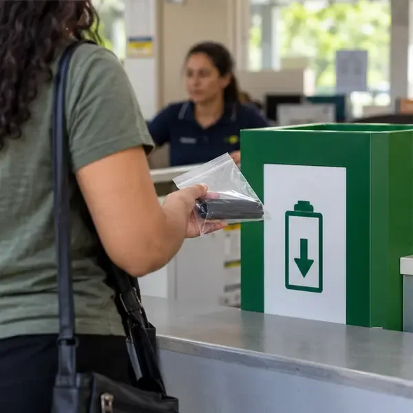 Uma pessoa aproxima uma bateria embalada de uma caixa verde de coleta em um balcão de atendimento.