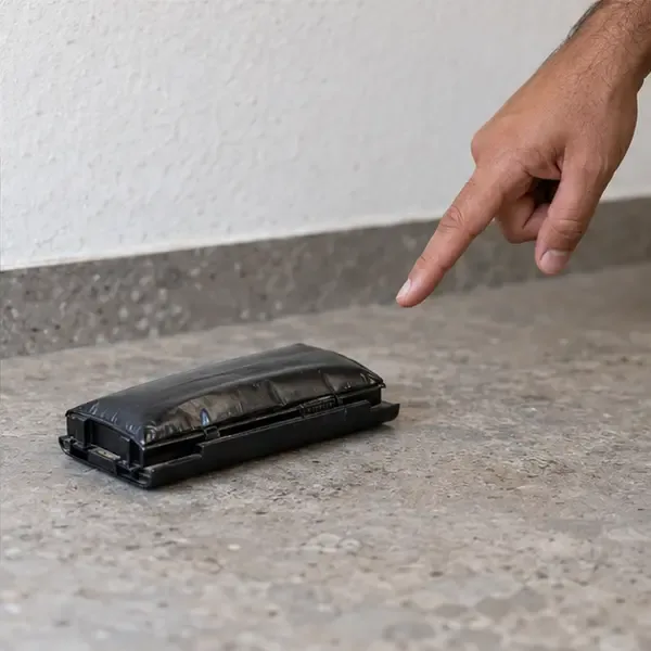 Uma bateria de notebook visivelmente inchada está sobre um piso, enquanto uma mão aponta para ela sem tocá-la.