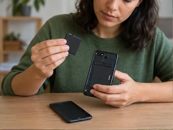 Pessoa segura uma bateria removível ao lado de um celular aberto sobre uma mesa