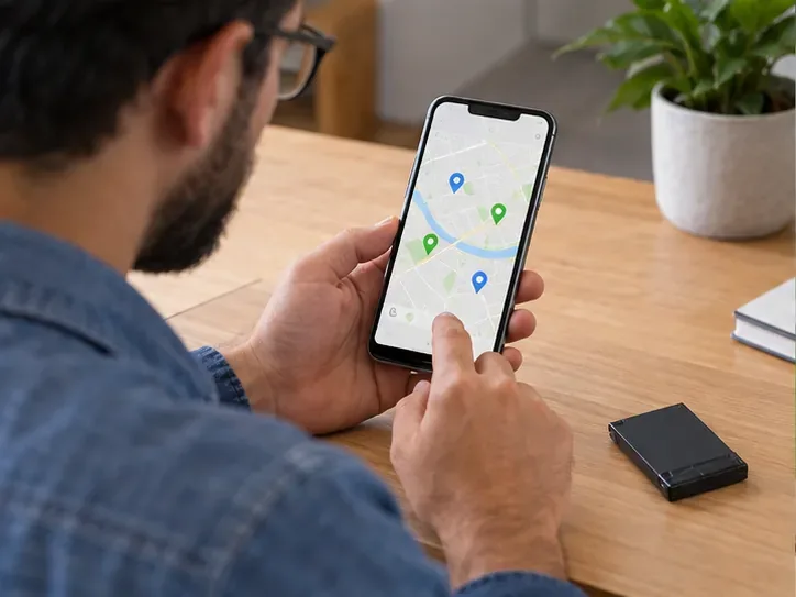 Pessoa consulta no celular um mapa com marcadores de pontos de coleta, com uma bateria separada sobre a mesa