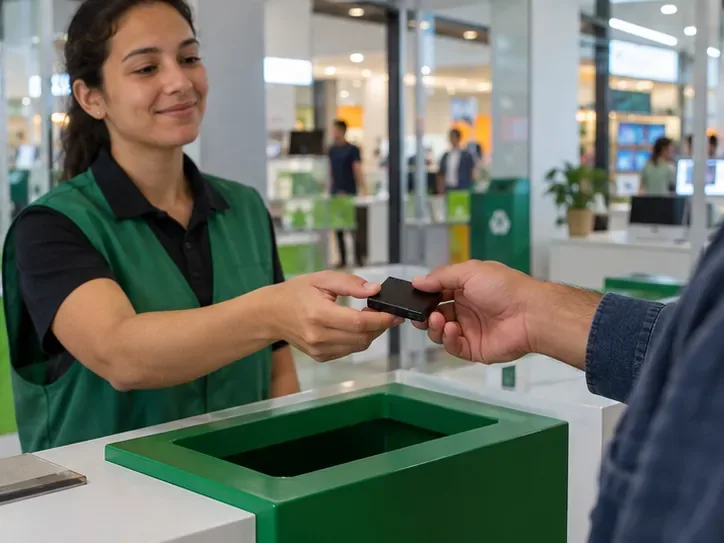Atendente recebe uma pequena bateria usada de um consumidor em um balcão de coleta de eletrônicos