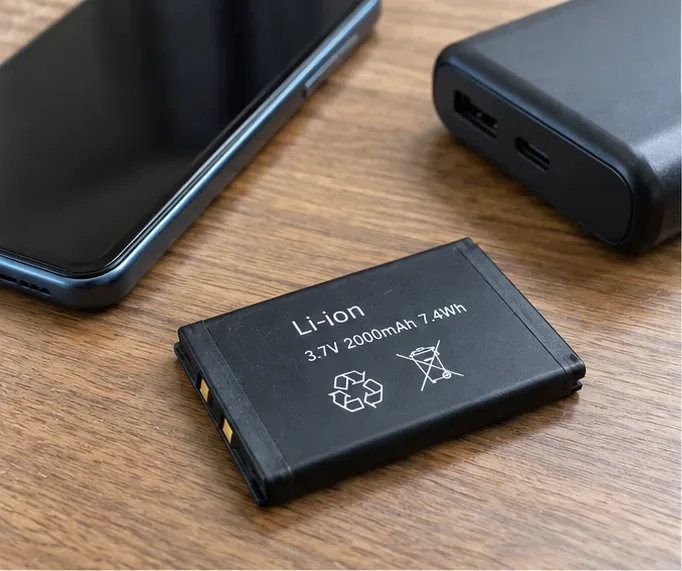 Bateria removível identificada como Li-ion sobre uma mesa, ao lado de celular e power bank, para conferir o tipo antes do descarte