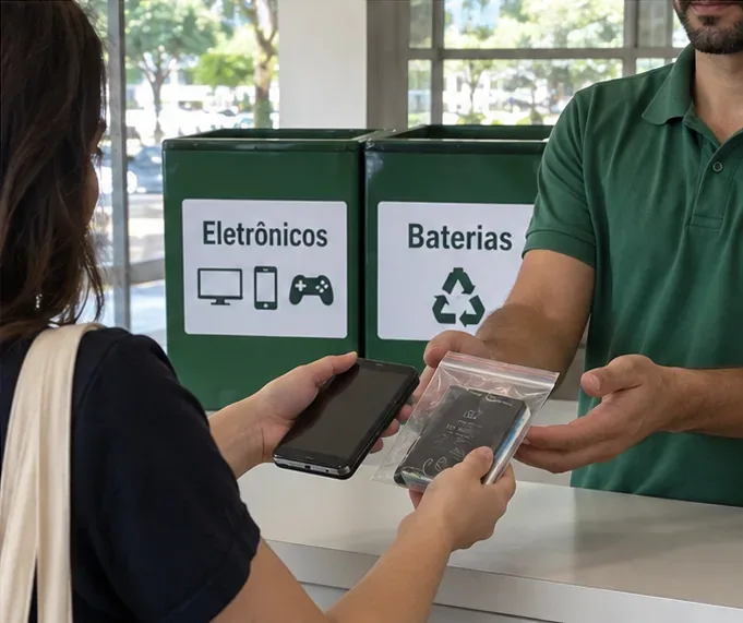 Pessoa entregando um celular e uma bateria embalada individualmente em balcão de coleta com recipientes identificados para eletrônicos e baterias
