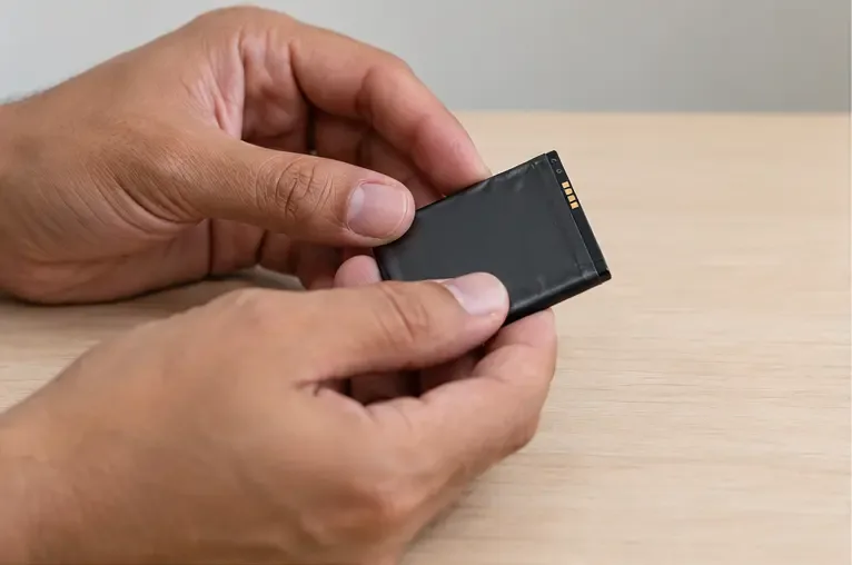 Mãos examinam visualmente uma bateria pequena de celular, intacta, sobre uma superfície seca.