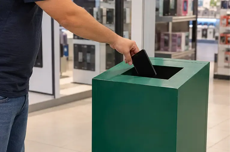 Celular inteiro é colocado em um coletor de eletroeletrônicos em uma loja.