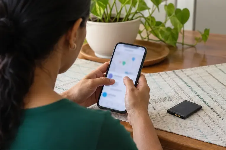 Pessoa consulta no celular um ponto de recebimento enquanto uma bateria intacta permanece sobre a mesa.