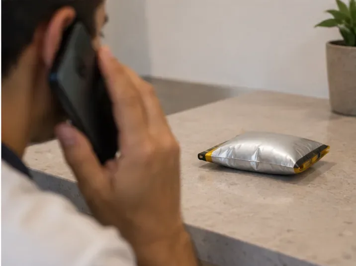 Pessoa ao telefone pedindo orientação enquanto uma bateria inchada permanece sobre uma superfície livre