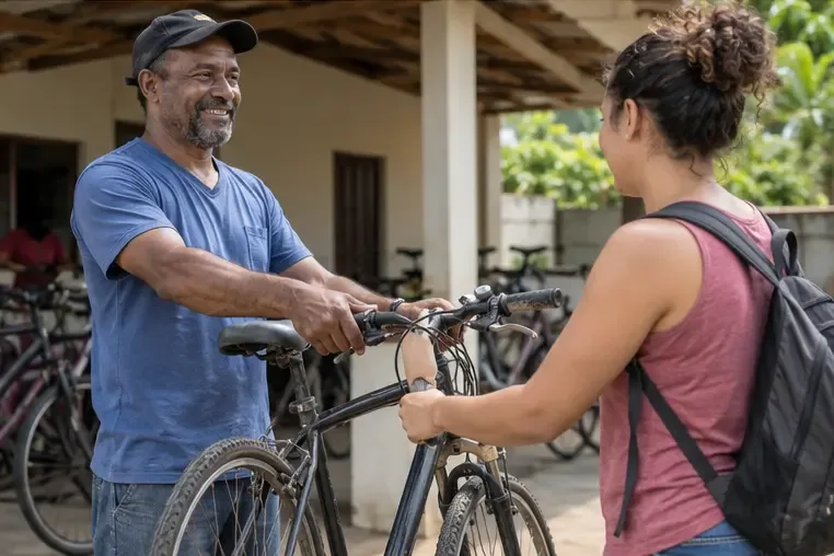 Pessoa entregando uma bicicleta usada a outra pessoa em um ponto comunitário de reaproveitamento