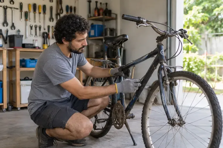 Pessoa usando luvas para avaliar uma bicicleta usada em uma oficina doméstica