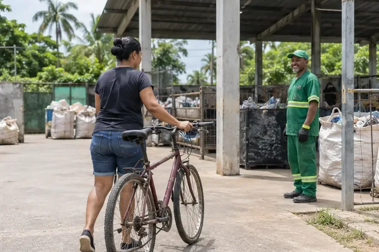 Pessoa levando uma bicicleta usada até uma área coberta de recebimento de recicláveis