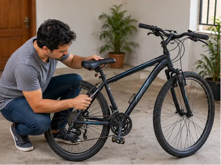 Homem inspecionando quadro, roda traseira e transmissão de uma bicicleta antes de decidir entre reutilização e descarte