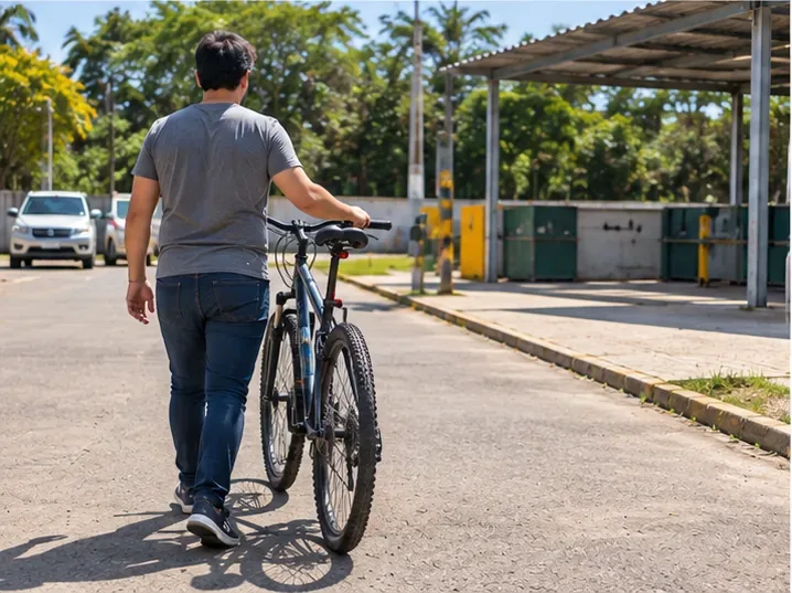 Homem conduzindo uma bicicleta a pé na chegada a uma área de recebimento de resíduos volumosos